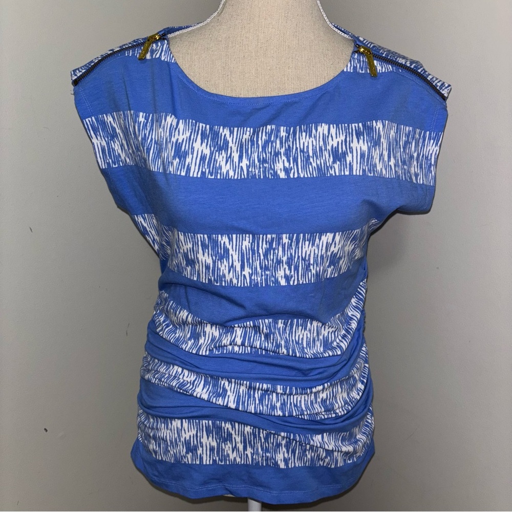 Michael Kors blue & white striped zipper shoulder cap sleeve tee shirt Medium